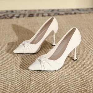 Chic Women's Ivory Textured Fabric Pointed Toe Stiletto Heel Pumps with Bow Decoration Comfortable Summer Slip-On