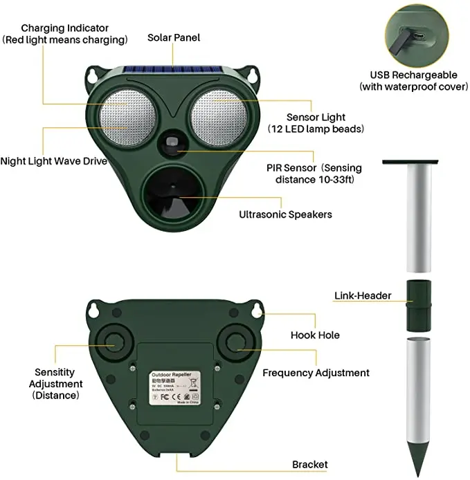 IP66 Factory Dog Monkey Bird Snake Wolf Cat Repeller Solar Animal Repeller Ultrasonic LED Flash Light Outdoor Animal Repeller factory