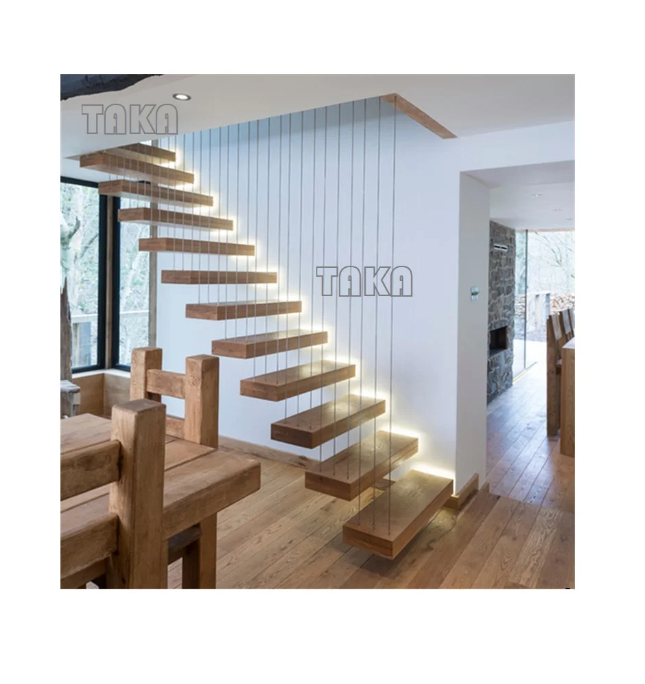 TAKA Foshan Factory Straight Staircase Solid Wood Dark Oak Steel Floating Stairs