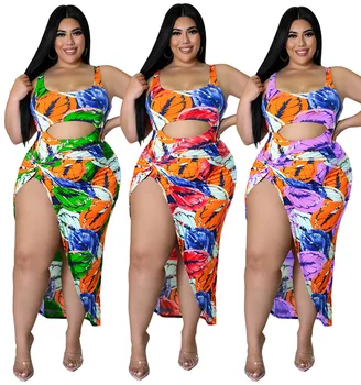 Plus Size 5XL Swimwear Skirt Suit Women's 2022 Summer Sexy Print Sleeveless O Neck Cropped Navel Long Skirt Two Piece Set