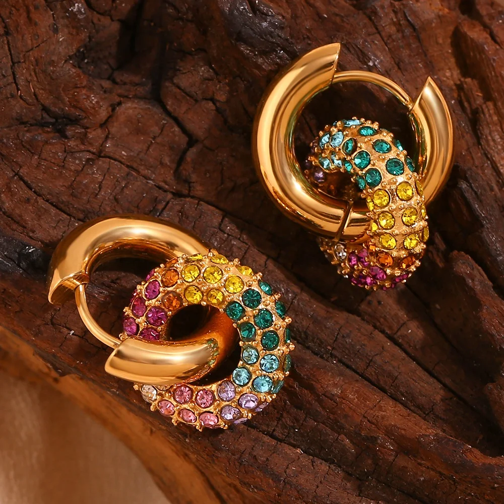 Boucles D'oreilles Strass Colorés - Plaqué Or Jaune - Occasion