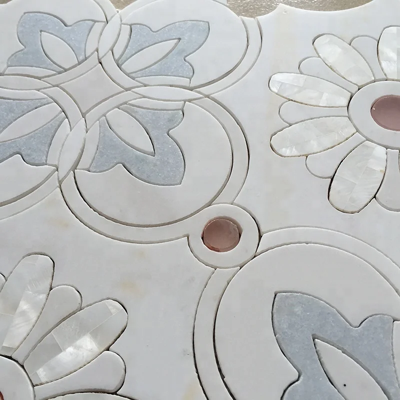 Natural Thassos White and Blue Marble Mix Mother of Pearl Shell Waterjet Flower Pattern Mosaic Tiles