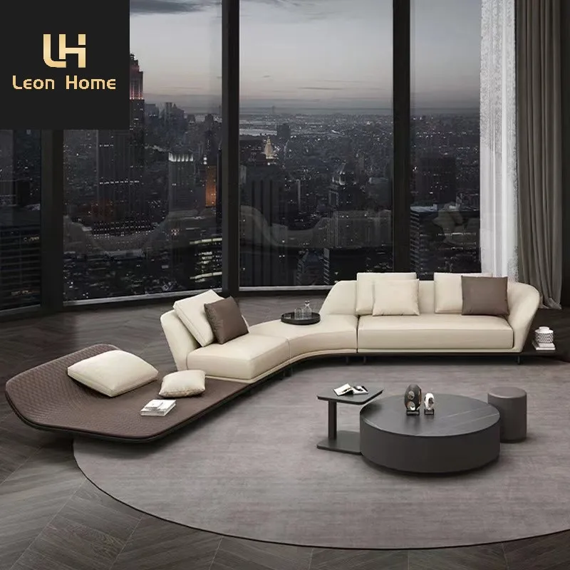 ハイエンドL字型ファブリックレザーソファ木製カーブソファリビング