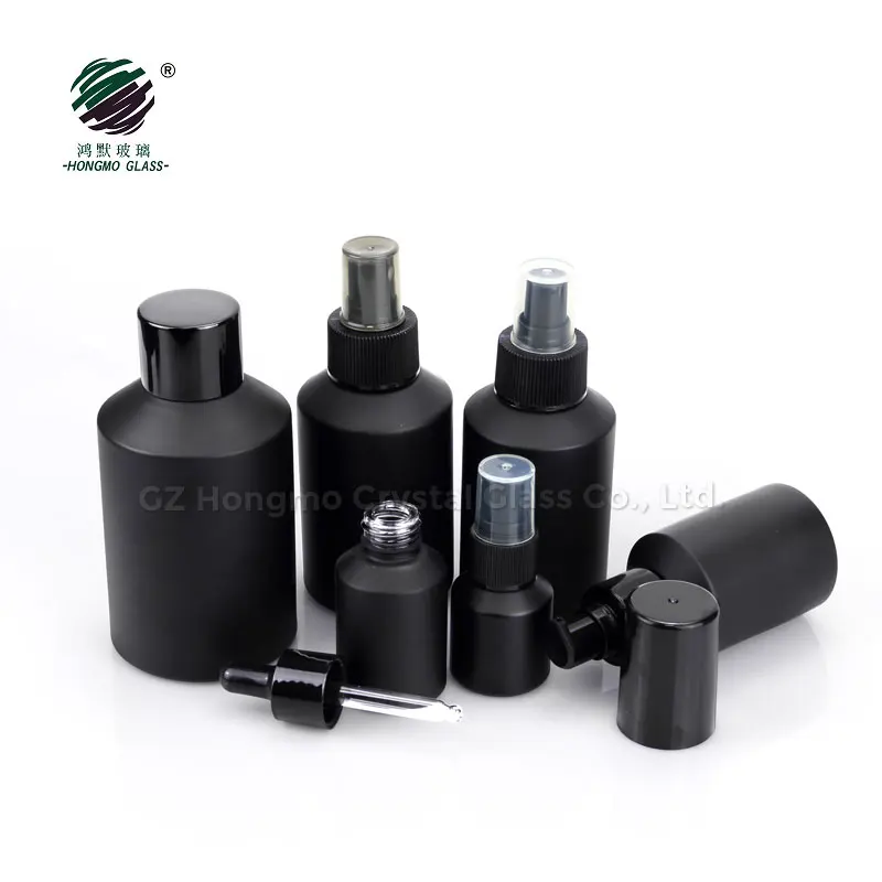 60ml 125ml 200ml matte black slant shoulder glass cosmetic lotion pump bottles 100g glass cream jars container <span style=