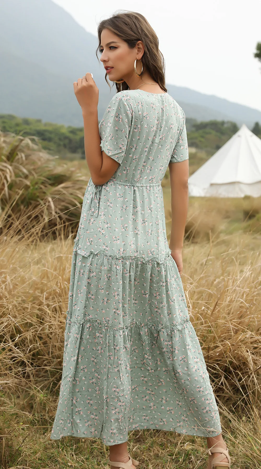 Ready to Ship New Style Short Sleeve V Neck Polyester Chiffon Printed Floral Maxi Dress 2021 Women Clothing