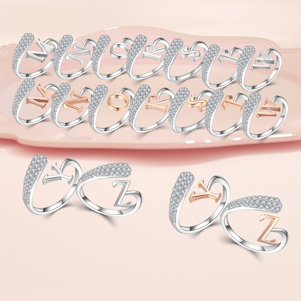 SC Women Men Arabic Gold Plated Open Adjustable Alphabet Design 925 Sterling Silver Custom Name Cz Letter Initial Rings