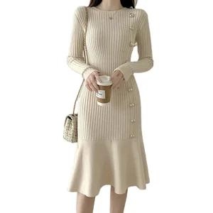 Autumn and Winter Wholesale Knit Long Dress Casual Long Sleeve Crew Neck Fashion Dress for  Women
