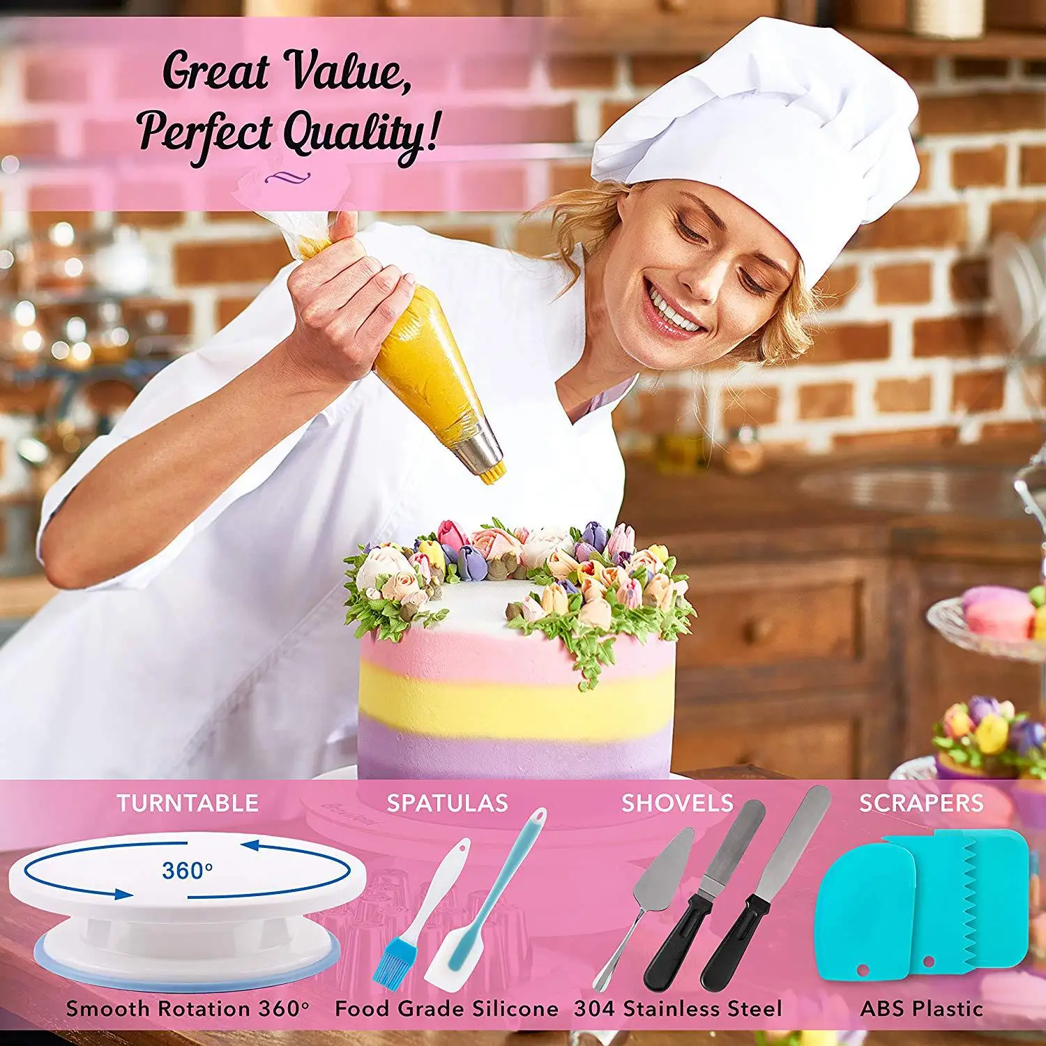 Cake Decorating Set Stainless Pastry Nozzles Cake Turntable Set Confectionery Bag Fondant Baking Tools For Cakes140 Pcs/Set
