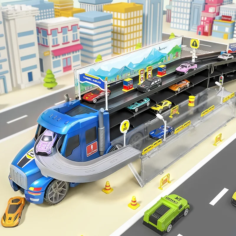 Samtoy Slide Foldable Ejection Track Transport Diecast Model Construction Toy Cars Set Container Truck Toy With 10 Alloy Cars