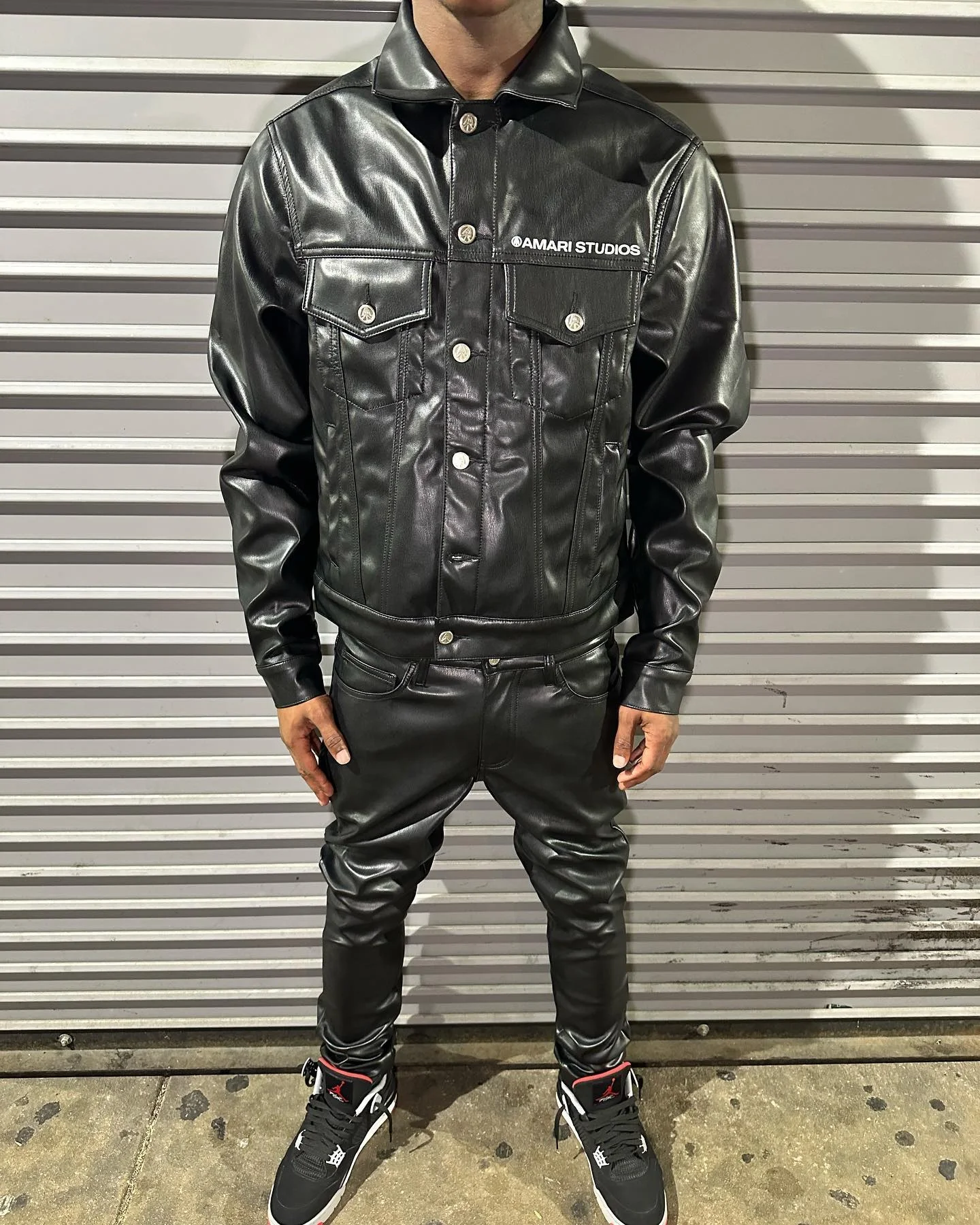 Custom Men Embroidered Button Black Motorcycle Leather Suits Plus Size Jacket Shirt and Pu Stacked Flare Pants Set Tracksuit Men gallery 4