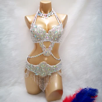 Hot sale Women's beaded Crystal belly dance costume wear Bar+Belt+Necklace 3pc set sexy bellydancing costumes clothes