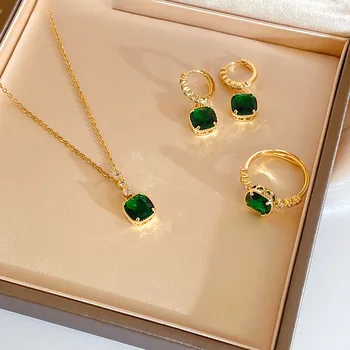 Vintage 3 Pcs/Set Gold Plated Emerald Gemstone Huggie Earrings Ring Sparkle Cubic Zirconia CZ Square Choker Necklace Jewelry Set