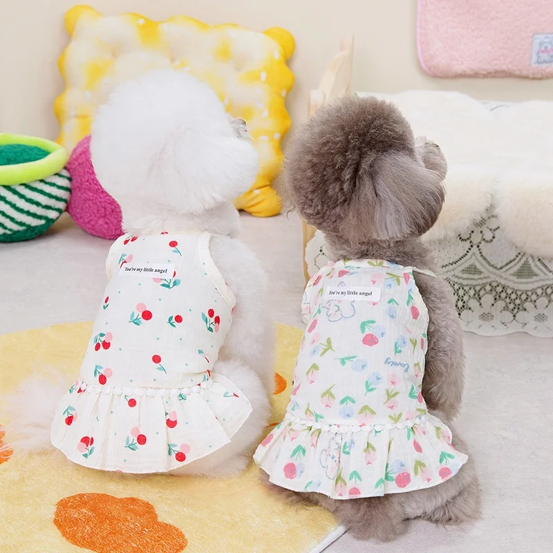 Cherry Flower Pattern Printing Cotton Pet Dog Summer Sling Tutu Skirt Dress for Spring and Fall Seasons
