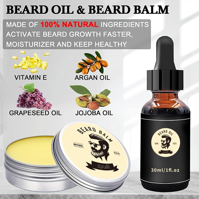 Private Label Men Grooming Care Set Natural Organic Facial Hair Growth Oil Balm Serum Beard 6155