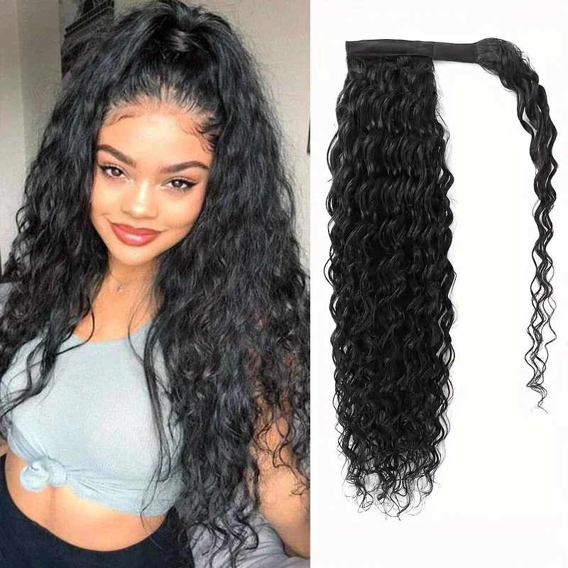 Deep Wave Human Hair Ponytail Extensions Natural Black Brazilian Wrap Around_voghion.com