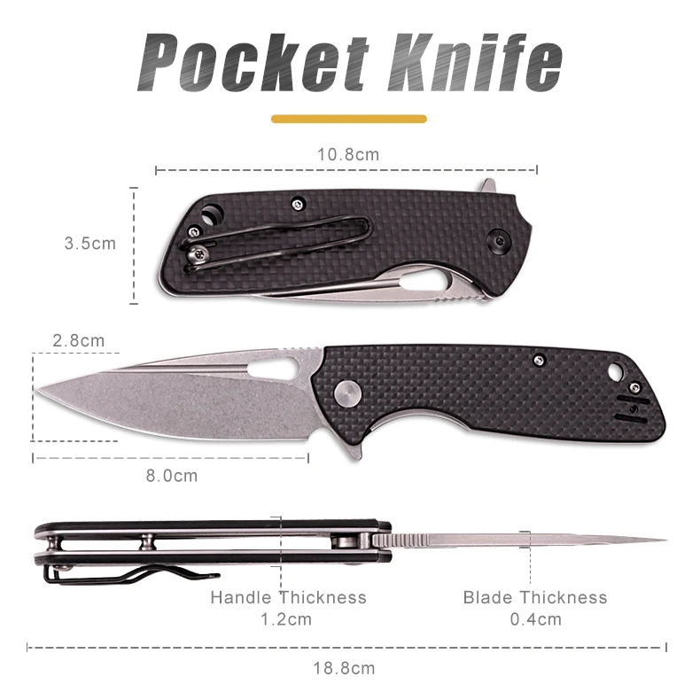 Edc Folding Pocket Knife G10 Carbon Fiber Handle High Grade D2 Steel
