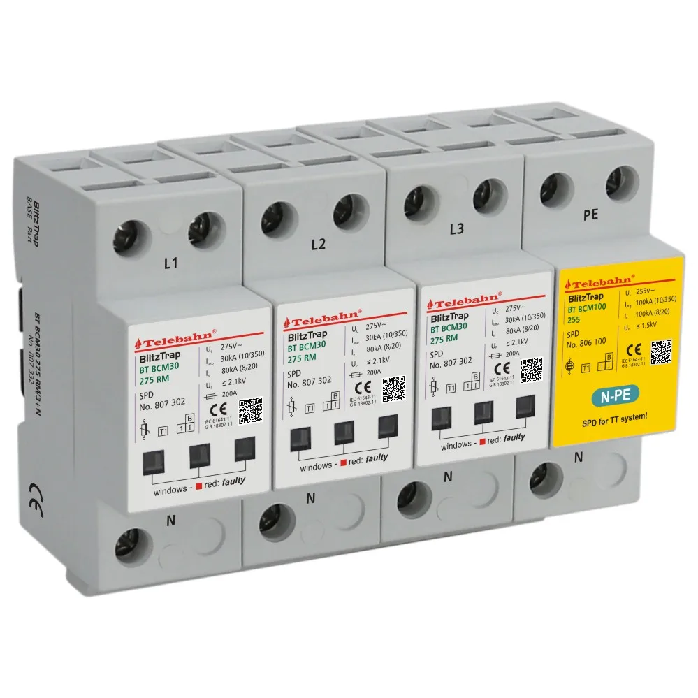 Power Surge Protection Devices AC 4P 30kA /80kA/100kA/150kA/160kA for 3- phase TT/TN-S ( 3+1 circuit) System 275V Class B+C SPD