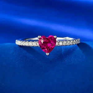 2026 New 925 Silver Small Heart Ring Set With High Carbon Diamond Ring Temperament Ruby Ring