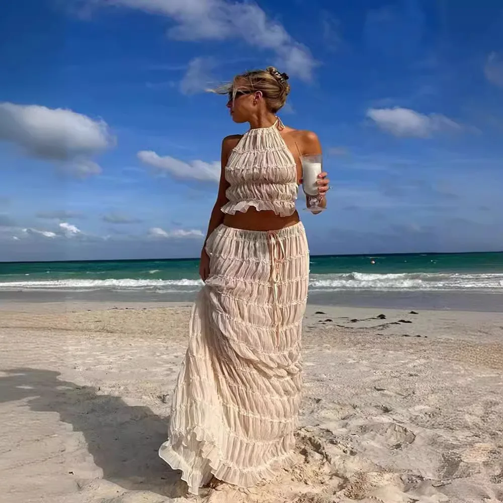 Backless Piece Long Skirt Set 2024 Spring Summer Female Piece Set Women  Backless Sling Top Lace