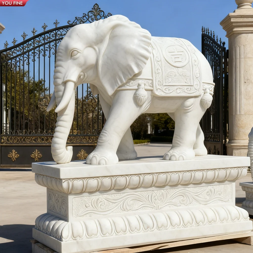 YOUFINE Carved White Marble Elephant Statue Entrance Decor for Garden Villa Commercial Building