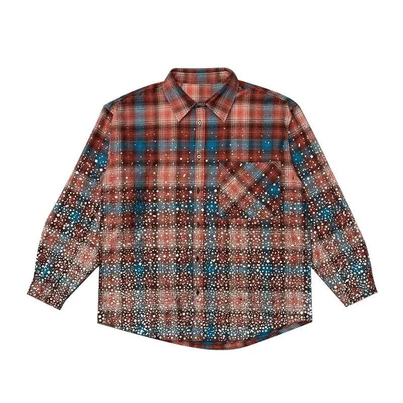 Salati Customize High Quality Diamond T-shirts Glitter Rhinestone Wash Button up Long Sleeve Boxy Check Plaid Flannel Shirts Men gallery 7