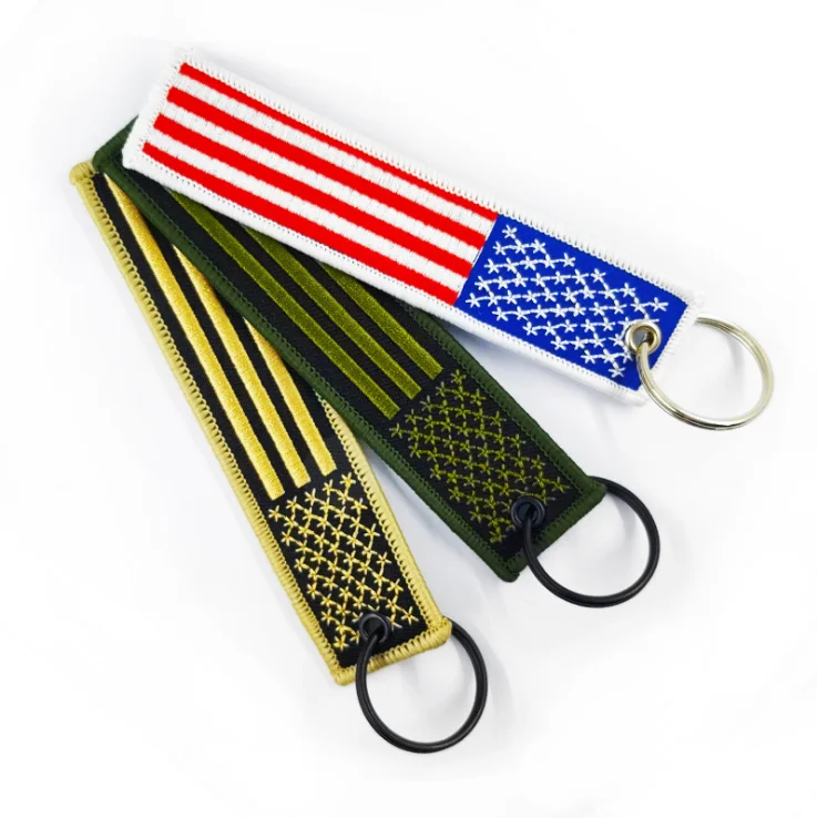 American Flag Embroidered Keychain Key Tag With Key Ring and Carabiner