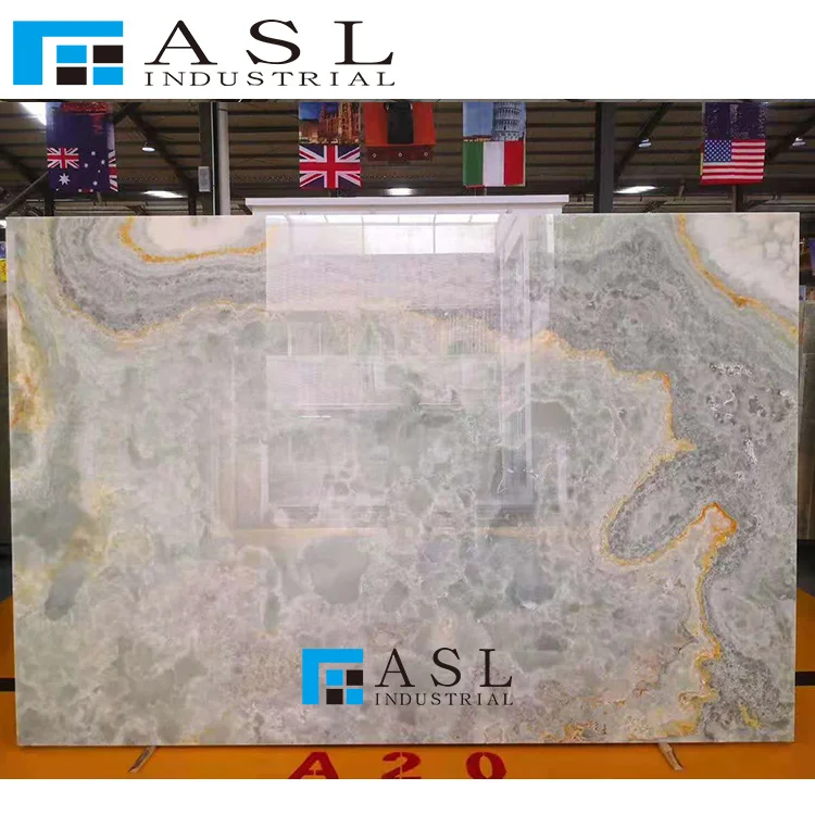 Highly polished blue onyx stone green tiles gold royal onyx panel onice marble kwartsiet floor blue ice onyx panel