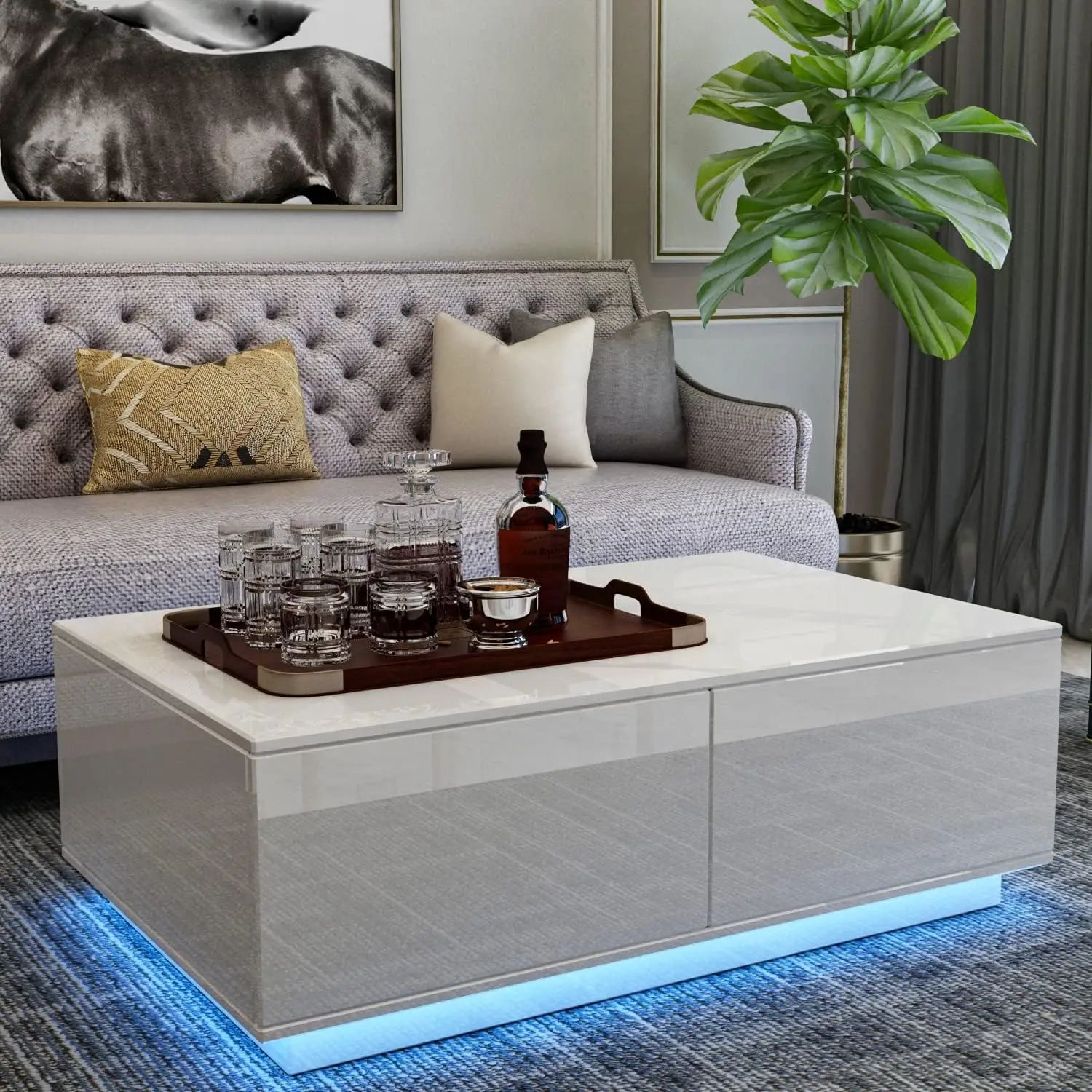 White Modern 4 Drawers High Gloss Coffee Table With Adjustable Rgb Led