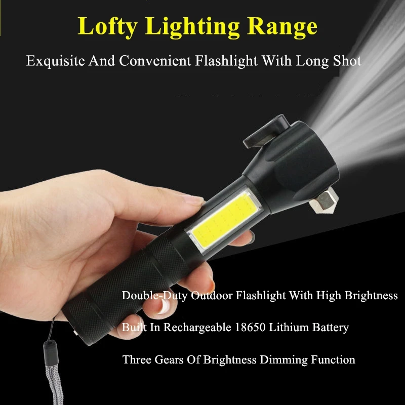 Rechargeable Multi-function Dimming Waterproof Led Flashlight W Safety Hammer Knife for Emergency Work Ride OnCar Hiking/Fishing