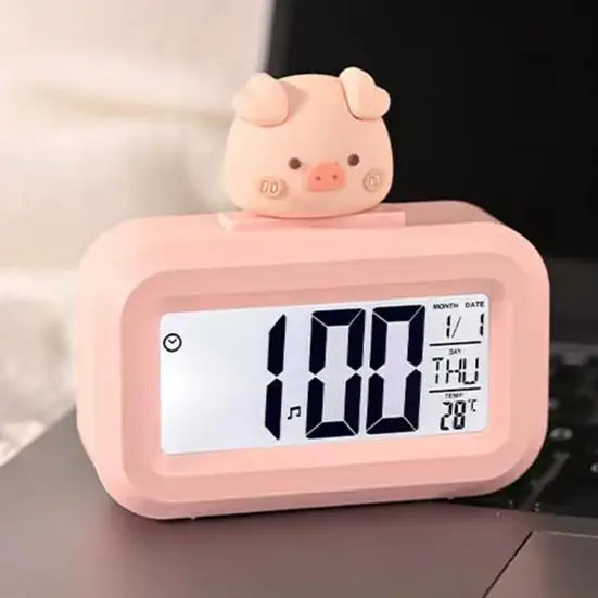 LED Digital Clock Cute Rome Decor Cartoon Pig Alarm Clock with Night Light Room Cute Watch Bedroom Bedside Ornaments