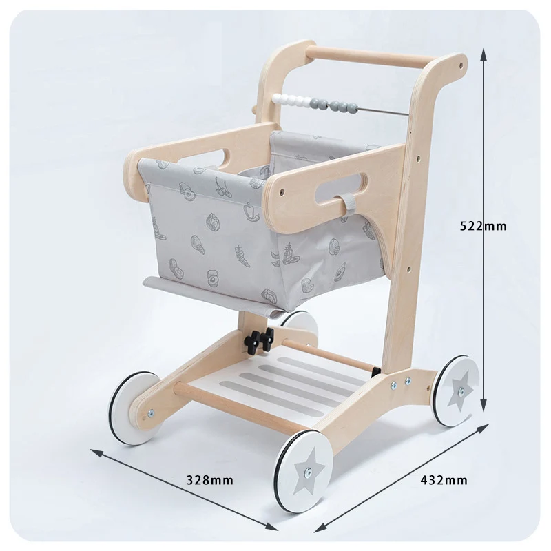 Fabrikdirekter OEM-Großhandel Baby-Kinderwagen aus Holz Supermarkt-Einkaufswagen Lernspielzeug für Kleinkinder Simulation Baby