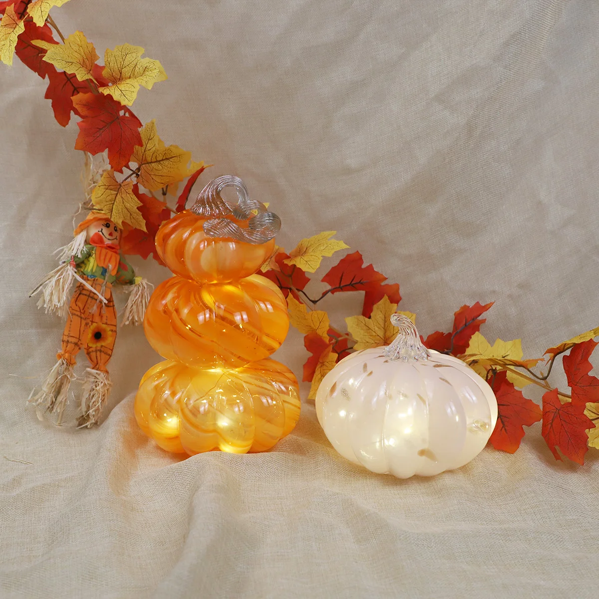 Fancy Hand Blown Glass Pumpkin Set Of 3 With Shiny Led Lights Beautiful Home Garden Halloween Ornament Artificial Thanksgiving supplier