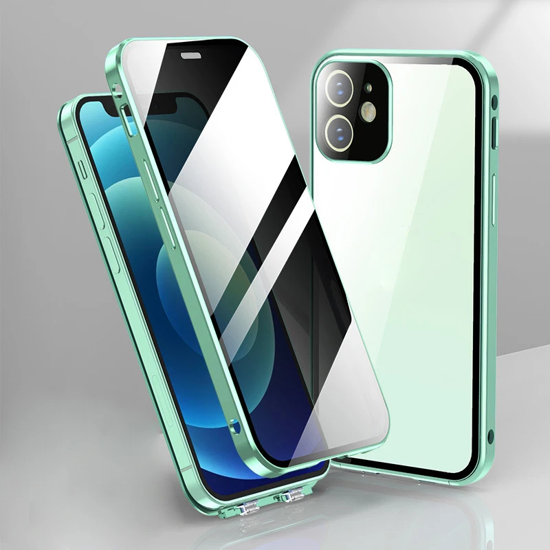 360 Full Protection Privacy Glass Case with Magnetic Metal Bumper and Lens Protection Film for iPhone 15 14 Pro Cell Phone Case