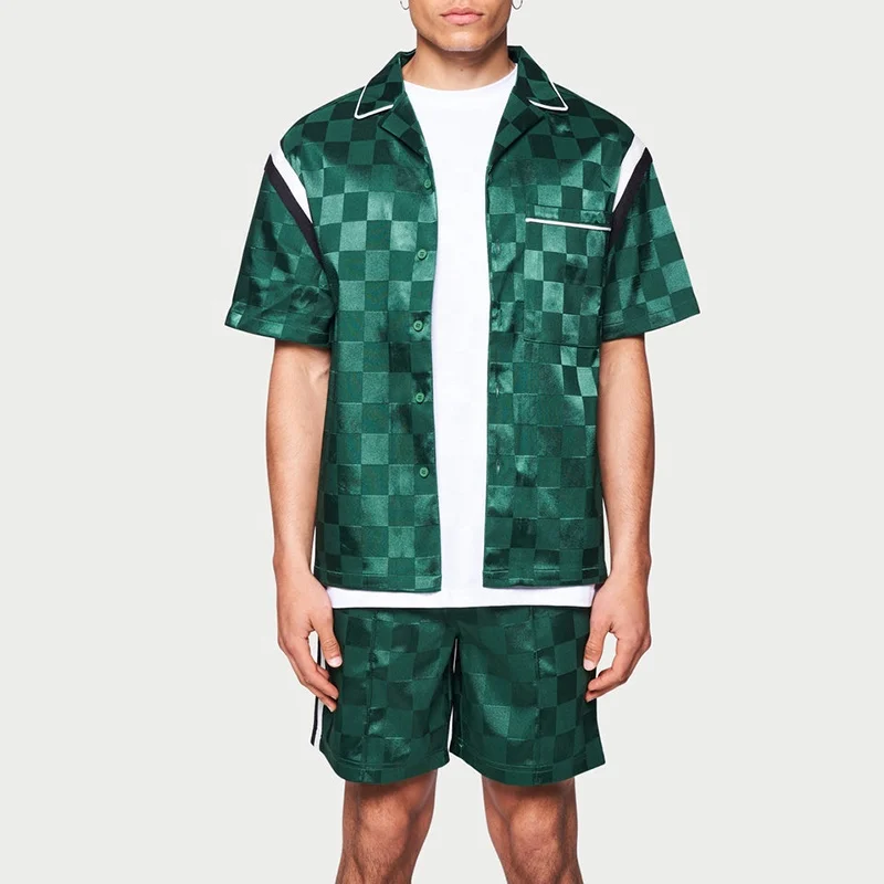 Oem Summer Hawaiian Beach Shirt Set Men 2023 New Fashion Tonal Checkerboard Resort Shirt