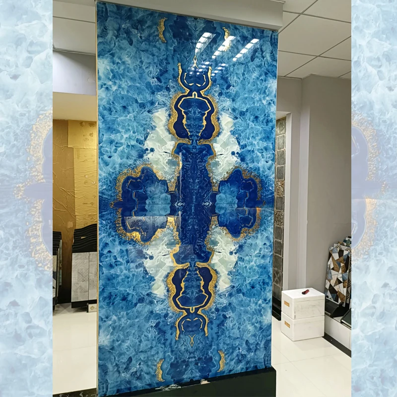 Springletile Customized 60x120 Polished butterfly Pattern Textured Gold Vein Blue Background Ceramic Bathroom Wall Tile Design