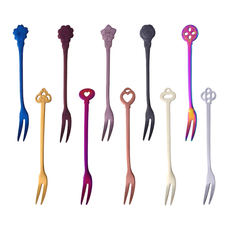 Оптовая продажа многоразовая вилка для фруктов из нержавеющей стали с цветным покрытием и цветочной ручкой десертов