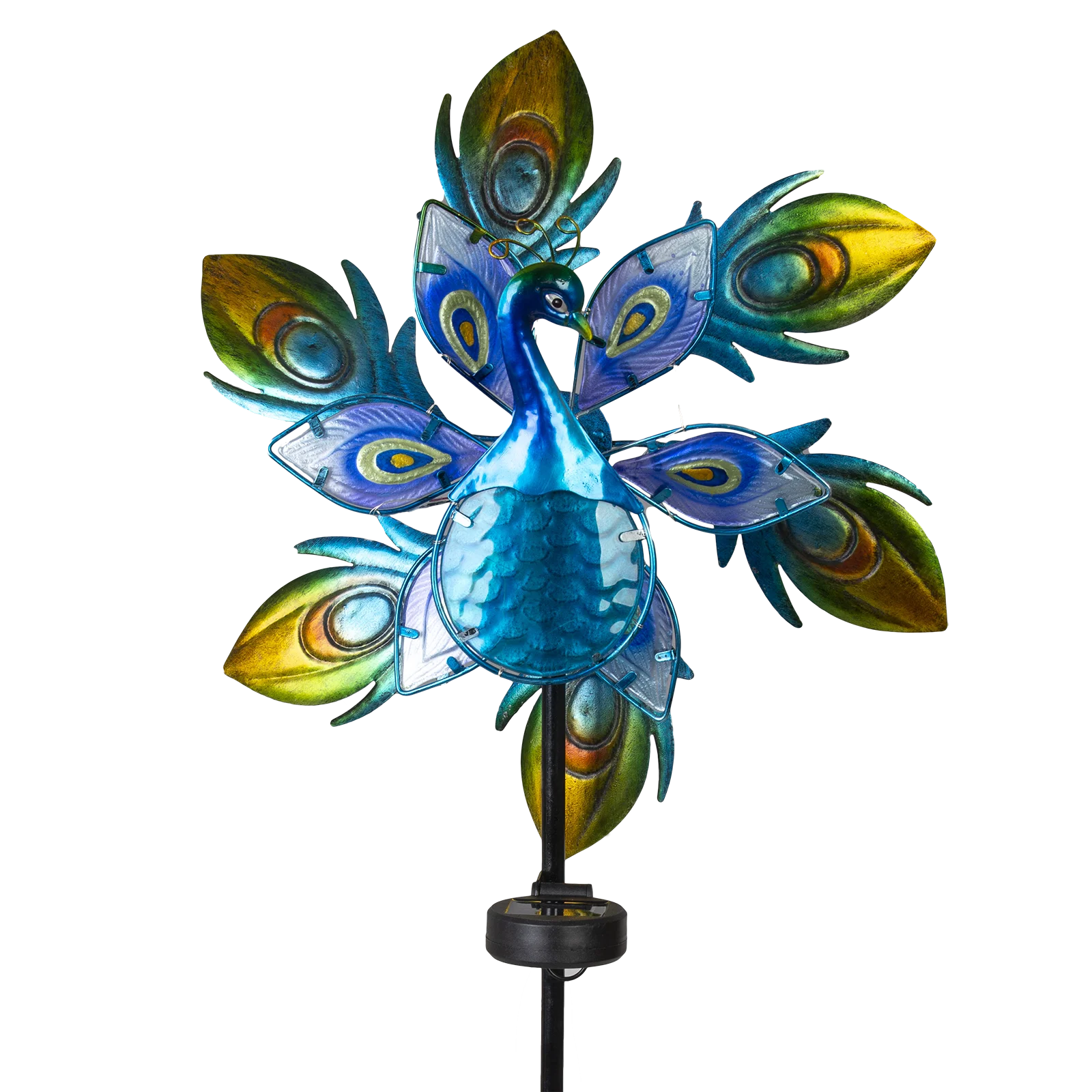 Solar Wind Spinners- Peacock Glass Wind Sculpture -LED Solar  Light for Yard  Pathway Blue