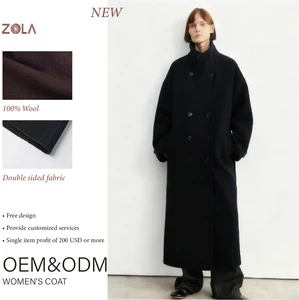 2026 Winter Women's Vintage Casual Woolen Coat Long Length Breathable Eco-Friendly Plain Dyed Detachable Belt Turn-down Collar