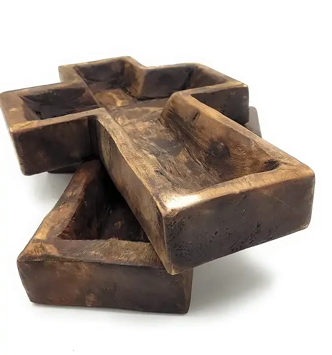 Large Wooden Cross Dough Candle Bowl Christmas Decoration Handcrafted