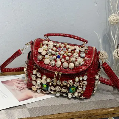Rivet Rhinestone Bling crocodile Pattern Pearl Handbags Crossbody Evening Ladies Handmade Women Hand Bags Leather Luxury