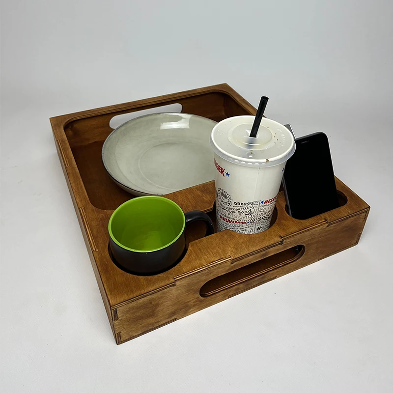 Wooden Coffee Organizer Cookie Caddy Serving Tray With Cup Holder Drink