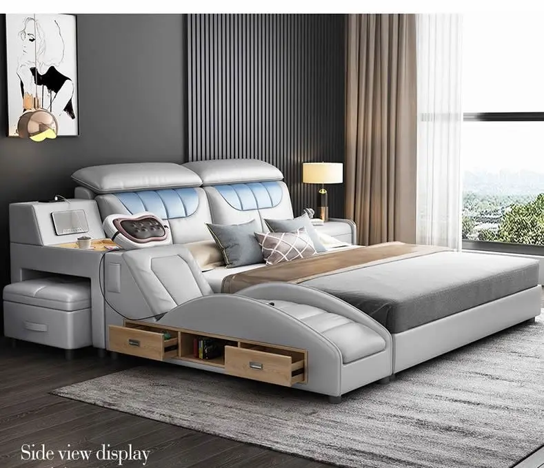 Luxury Leather Smart Bed Multifunctional Bed for Bedroom Furniture Hotel King Size Bed with Storage