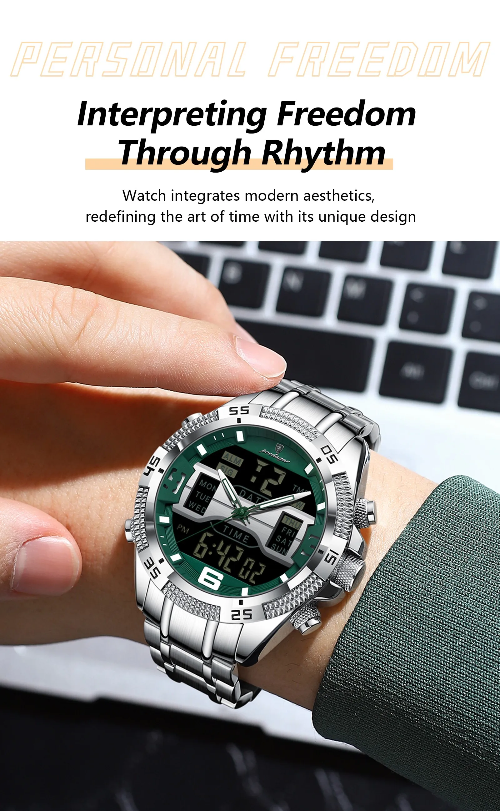 POEDAGAR E103 Waterproof Clock LED Men's Date Week Fashion Wristwatch Stainless Steel Strap Sport Quartz Watches Digital Watches