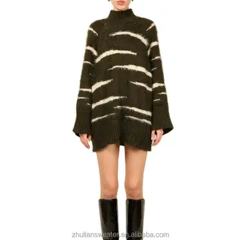 Custom Designer Fashion Women Knit Dress Sweater Stripe Print Oversized Mini Turtle Neck Mohair Sweater Dress Women
