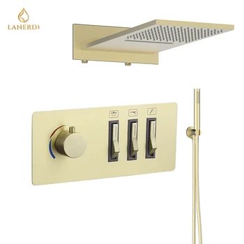 Luxurious Large Wall Mounted Three Function Brass Thermostatic Rainfall Shower System with Handheld Shower