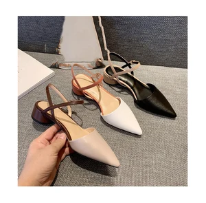 Sandals for Women Low-heel Sharp Tip Fairy Style Simplicity Leather Face Solid Color Buckle Simple Low-fronted Outerwear Sandals