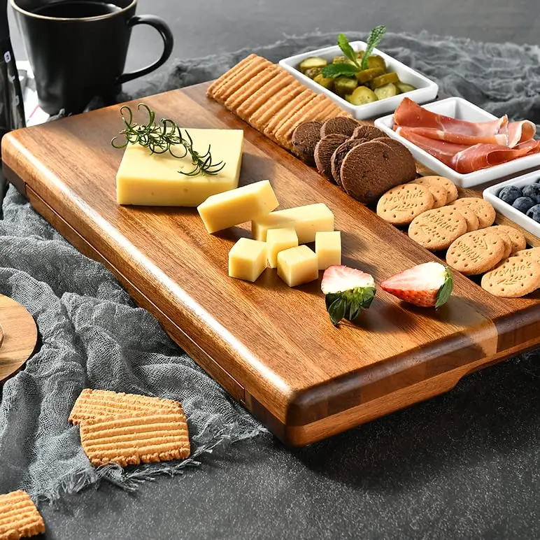 product advanced elegant party kitchen tableware set acacia wood charcoal cheese board 3 removable bamboo ceramic bowls cutting board-9
