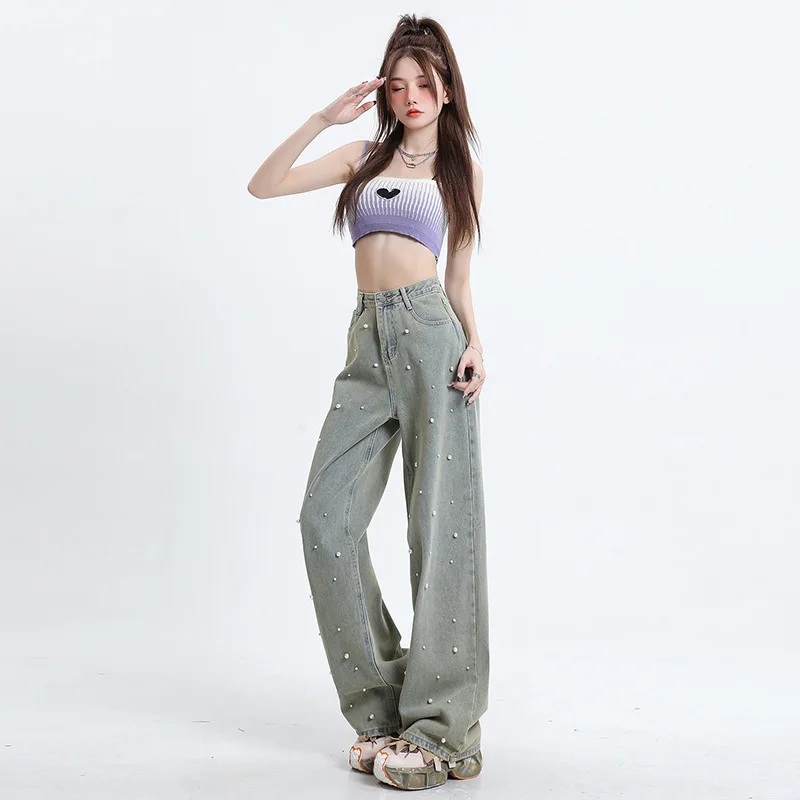 Fashion Women's Heavy Craft Pearl High Waist Straight Wide Leg Denim Pants