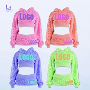 Huili Oem Heavyweight 100% Cotton French Terry Pullover Cropped Hoodie Custom logo Two Piece Women's Pink Shorts and Hoodie Set