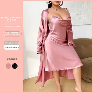 Women's Plus-Size Satin Robe Dress All Seasons Long Nightgown Elastic Waist Closure Summer Camisole Loungewear Front Logo Solid